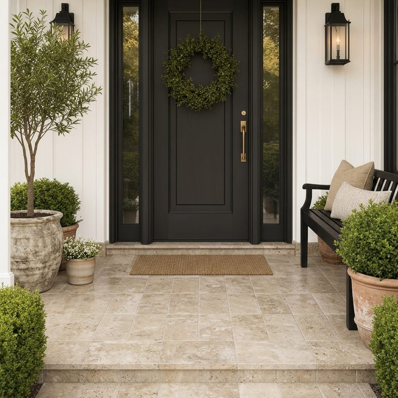 English Walnut Travertine Paver 6x12 Brushed 2 inch — Front Yard front porch
