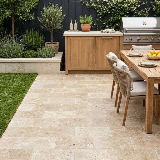 Travertine Paver English Walnut - Tumbled 6x12 inch 1.25 — Backyard patio