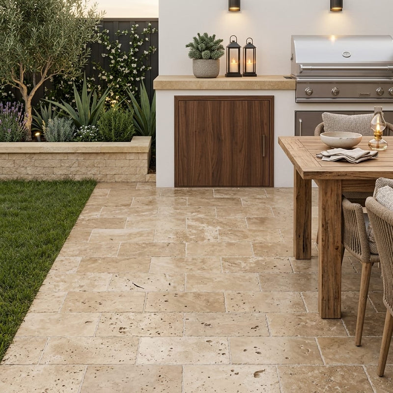 English Walnut Travertine Paver, Unfilled Chiseled, 6x12 Size — Backyard patio