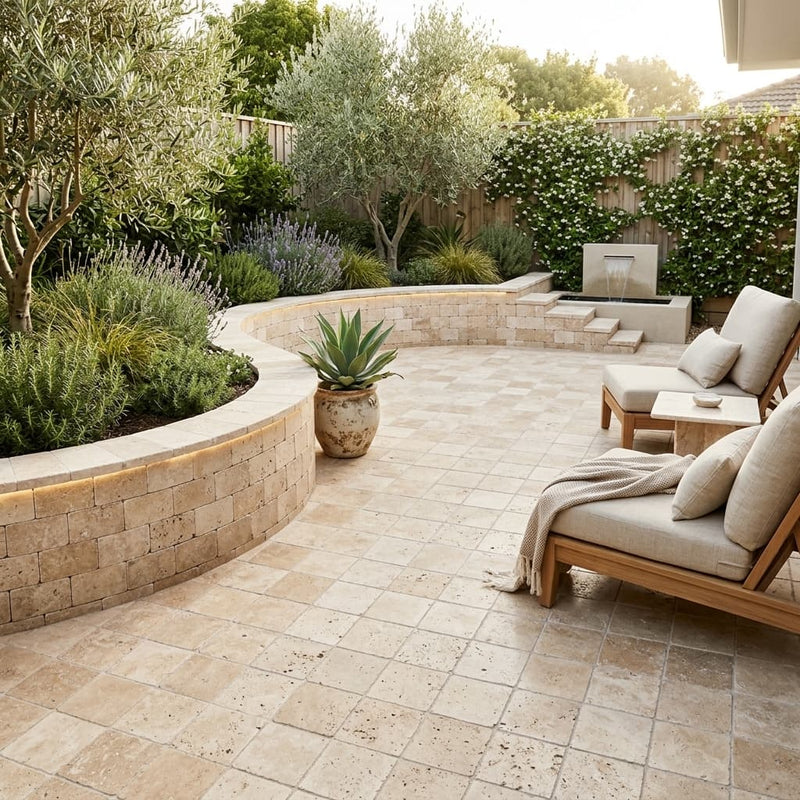 Travertine Paver English Walnut 6x6 Tumbled 1.25 inch — Backyard patio