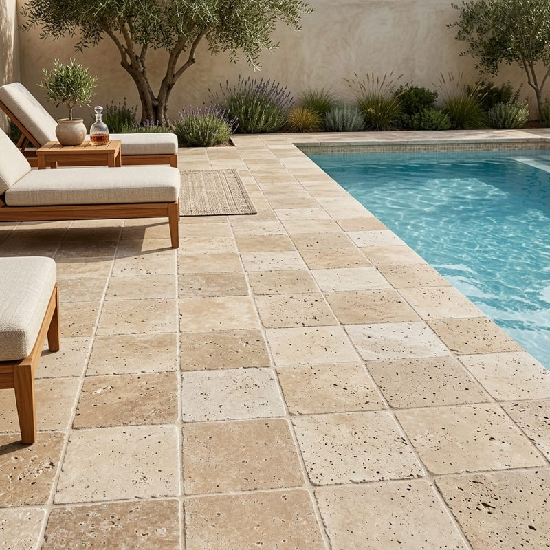 Travertine Paver English Walnut 6x6 Tumbled 1.25 inch — Backyard pool deck