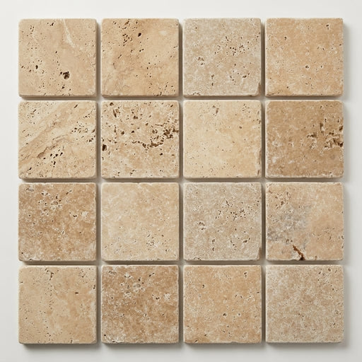 Travertine Paver English Walnut 6x6 Tumbled 1.25 inch close-up