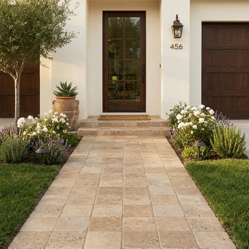 Travertine Paver English Walnut 6x6 Tumbled 1.25 inch — Front Yard walkway