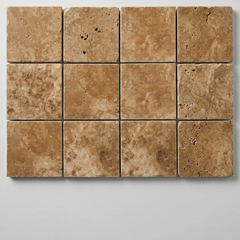 English Walnut Travertine Paver, Unfilled Chiseled, 6x6 size 1.25 inch. close-up