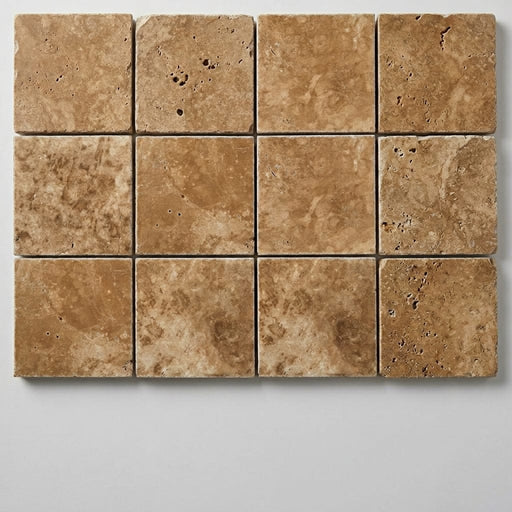 English Walnut Travertine Paver, Unfilled Chiseled, 6x6 size 1.25 inch. close-up
