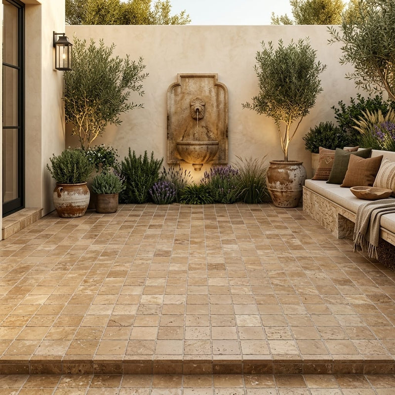 English Walnut Travertine Paver, Unfilled Chiseled, 6x6 size 1.25 inch. — Courtyard paving