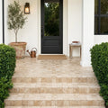 English Walnut Travertine Paver, Unfilled Chiseled, 6x6 size 1.25 inch. — Front Yard front porch