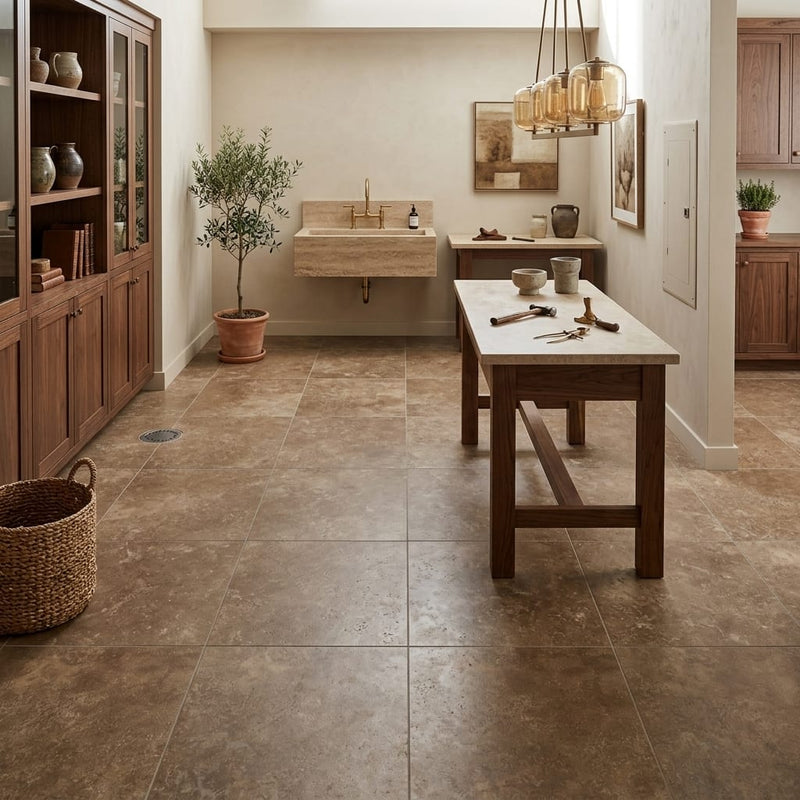 Travertine Tile | English Walnut | Filled Honed 12x12 — Basement floor