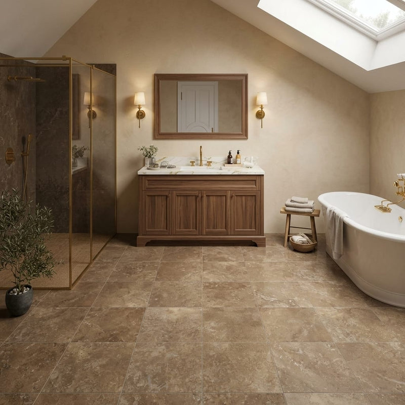 Travertine Tile | English Walnut | Filled Honed 12x12 — Bathroom floor