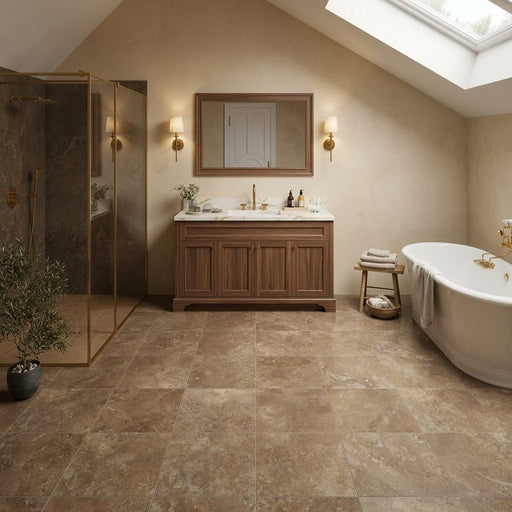 Travertine Tile | English Walnut | Filled Honed 12x12 — Bathroom floor