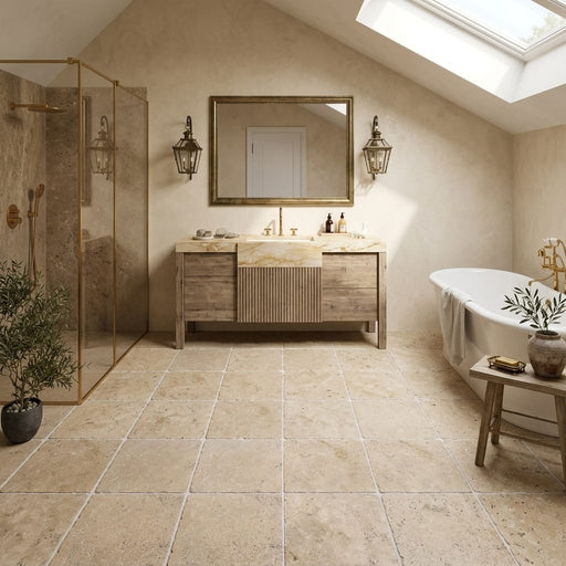English Walnut Travertine Tile 12x12 Tumbled — Bathroom floor