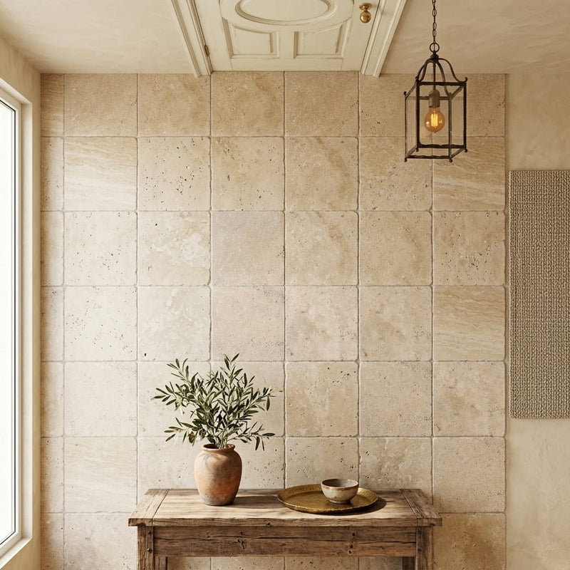 English Walnut Travertine Tile 12x12 Tumbled — Hallway floor