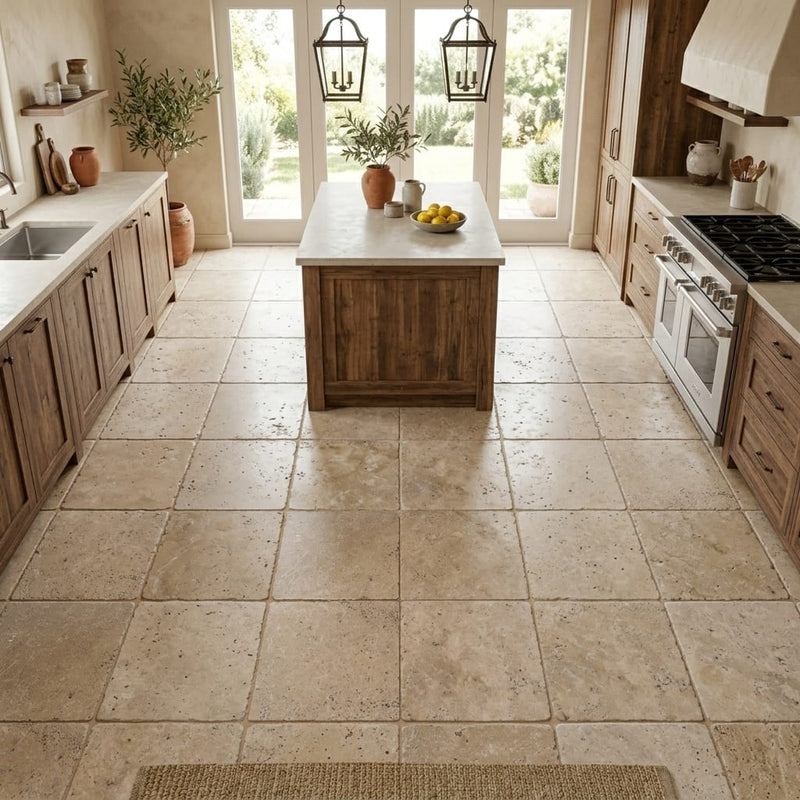 English Walnut Travertine Tile 12x12 Tumbled — Kitchen floor