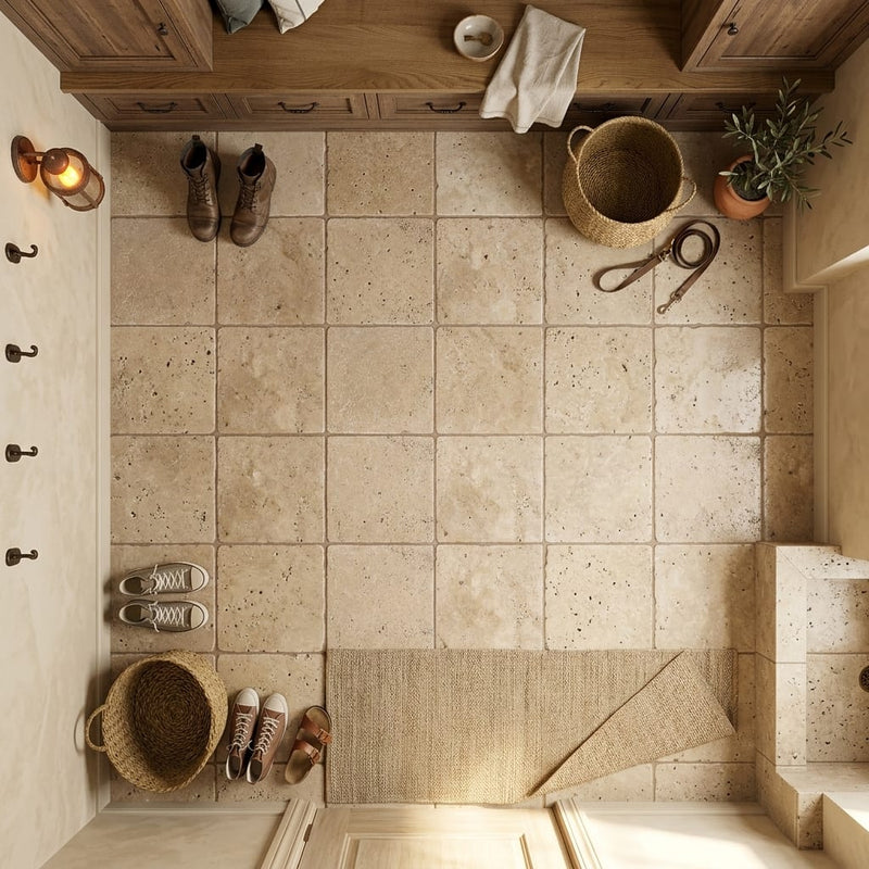 English Walnut Travertine Tile 12x12 Tumbled — Mudroom floor