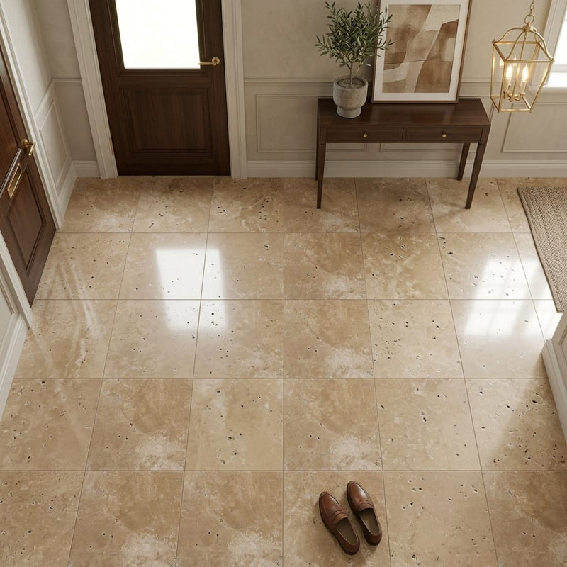 English Walnut Travertine Tile 12x12 Unfilled, Honed — Foyer floor