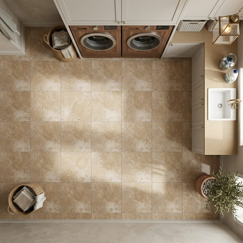 English Walnut Travertine Tile 12x12 Unfilled, Honed — Laundry Room floor