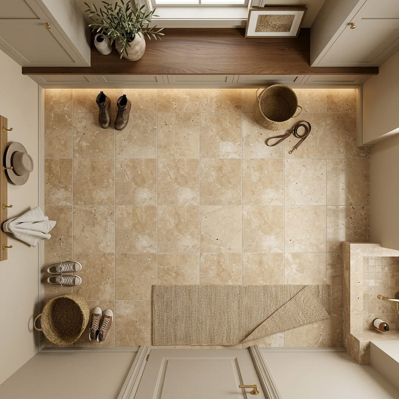 English Walnut Travertine Tile 12x12 Unfilled, Honed — Mudroom floor