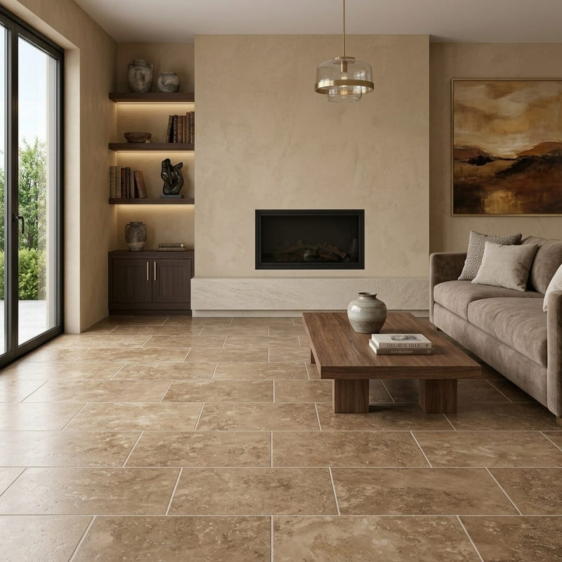 Travertine Tile - English Walnut - Filled Honed 12x24 — Living Room floor