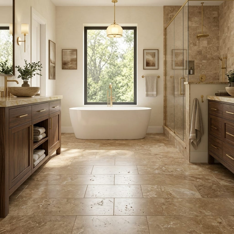 Travertine Tile - English Walnut - Filled Honed 12x24 — Primary Bath floor