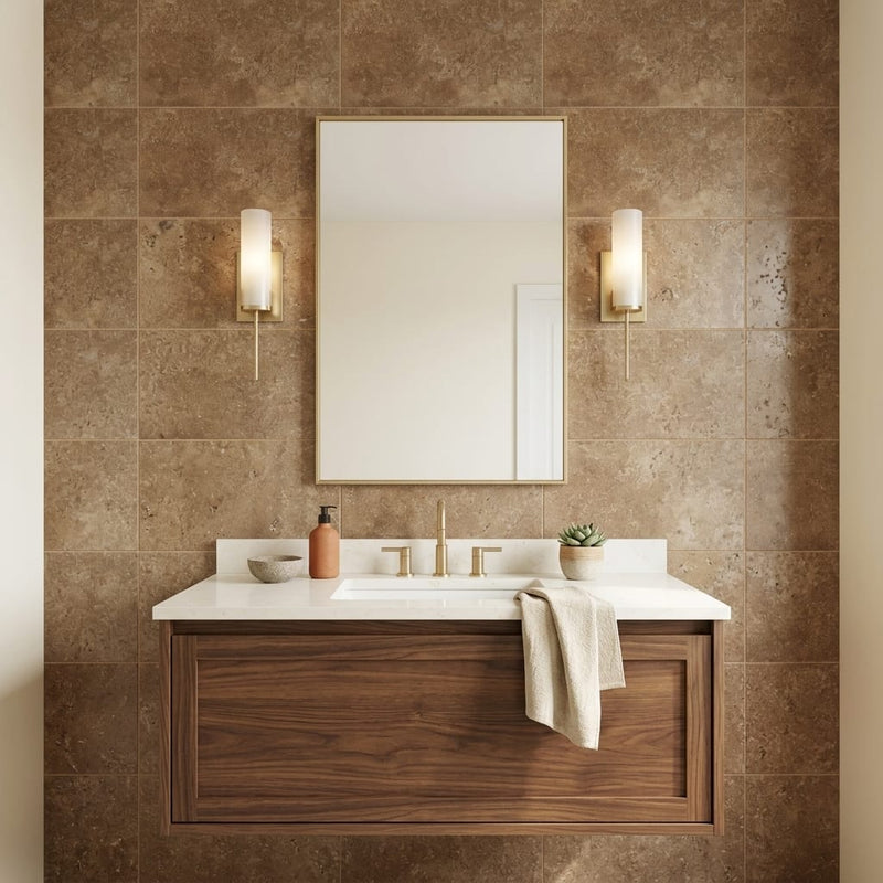 Travertine Tile - English Walnut - Filled Honed - 16x24 — Bathroom vanity wall