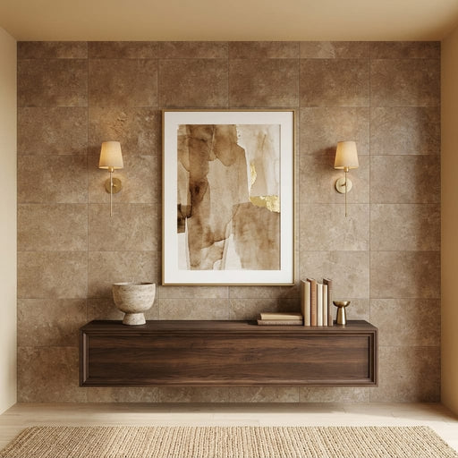 Travertine Tile - English Walnut - Filled Honed - 16x24 — Living Room feature wall