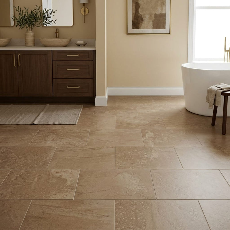 Travertine Tile - English Walnut - Filled Honed - 16x24 — Primary Bath floor