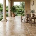 Travertine Tile English Walnut - Brushed Chiseled 18x18 — Covered Patio floor