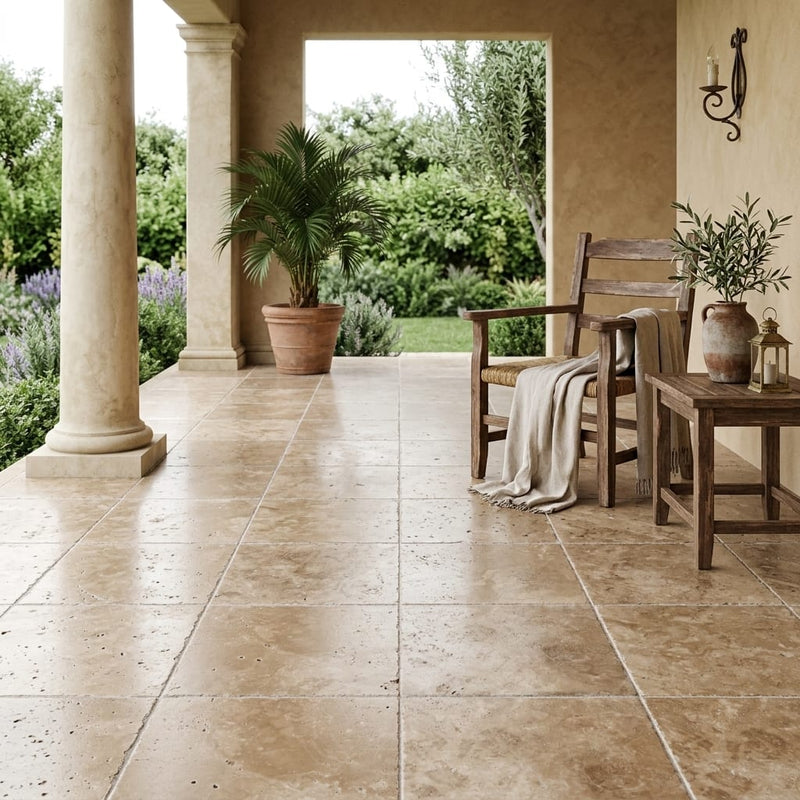 Travertine Tile English Walnut - Brushed Chiseled 18x18 — Covered Patio floor