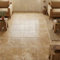 Travertine Tile English Walnut - Brushed Chiseled 18x18 — Family Room floor