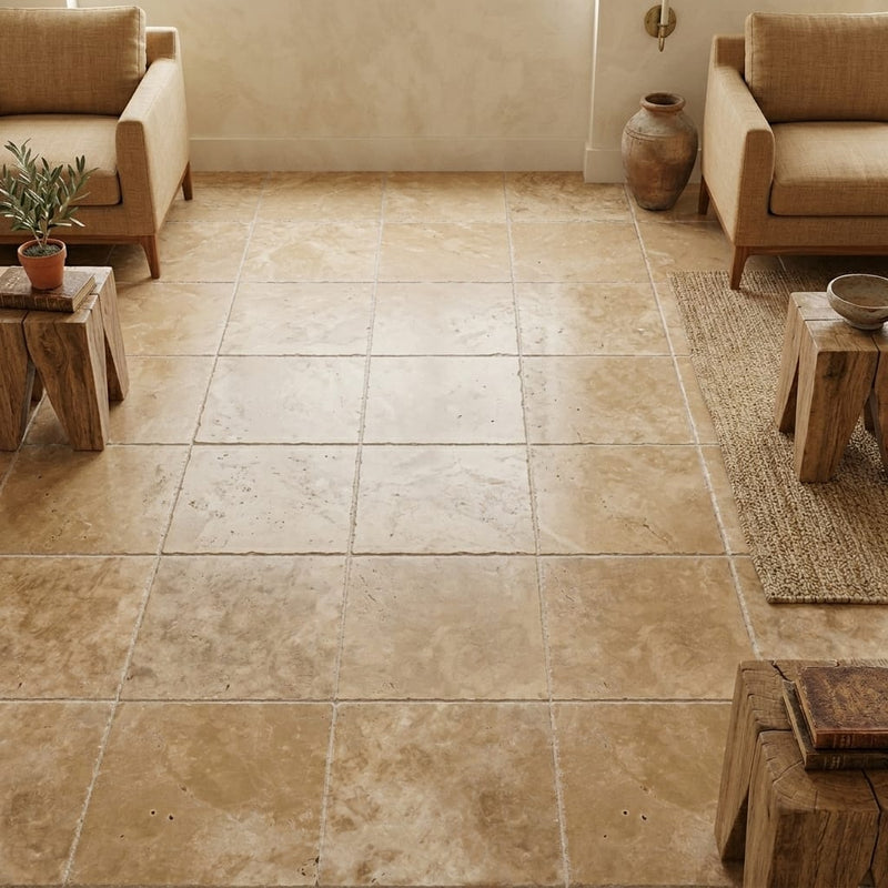 Travertine Tile English Walnut - Brushed Chiseled 18x18 — Family Room floor