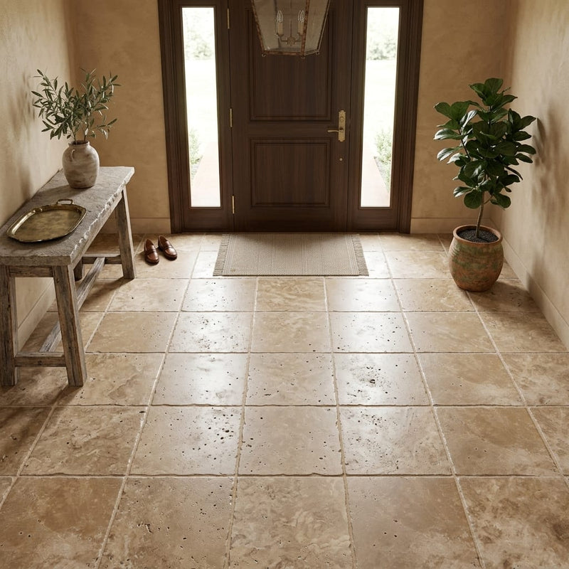 Travertine Tile English Walnut - Brushed Chiseled 18x18 — Foyer floor