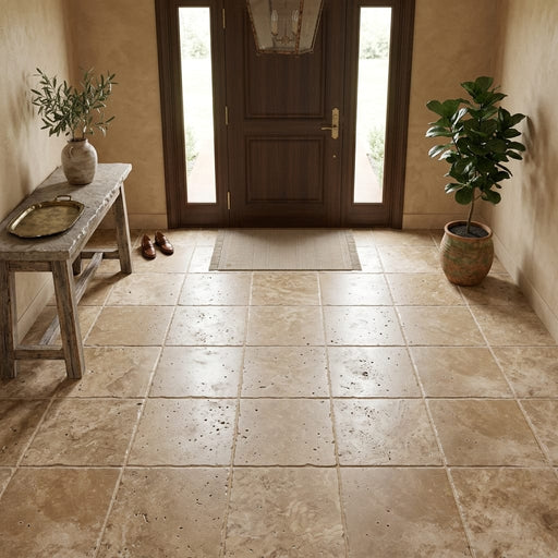 Travertine Tile English Walnut - Brushed Chiseled 18x18 — Foyer floor