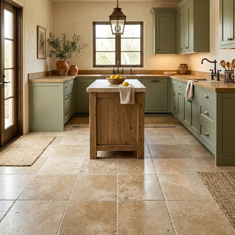 Travertine Tile English Walnut - Brushed Chiseled 18x18 — Kitchen floor