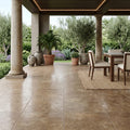 English Walnut Travertine Tile in Honed Finish, 18x18 Size — Covered Patio floor