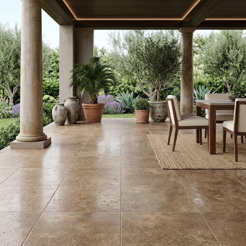 English Walnut Travertine Tile in Honed Finish, 18x18 Size — Covered Patio floor