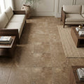 English Walnut Travertine Tile in Honed Finish, 18x18 Size — Family Room floor