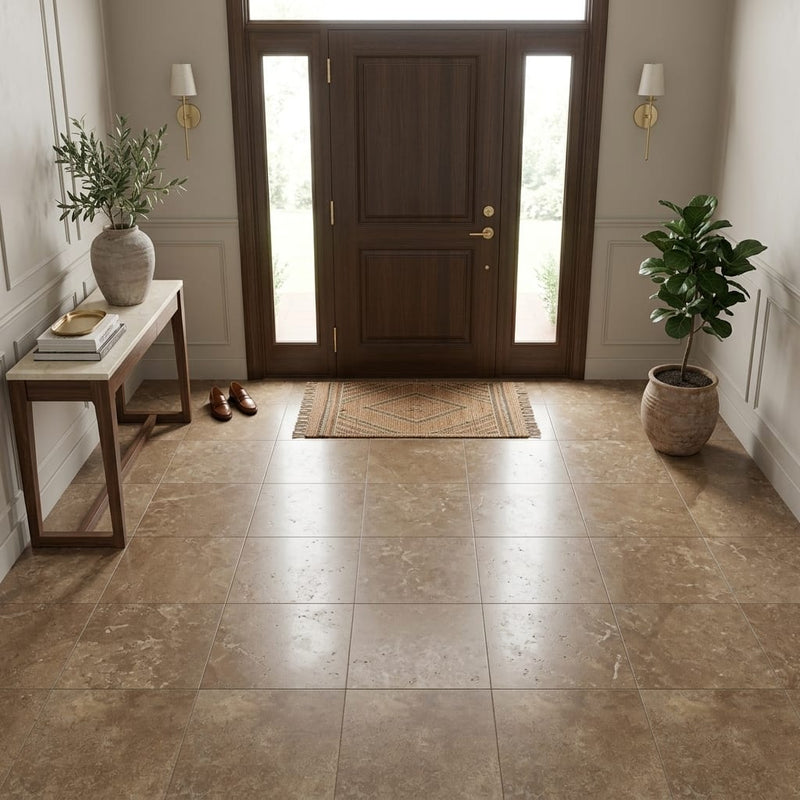 English Walnut Travertine Tile in Honed Finish, 18x18 Size — Foyer floor
