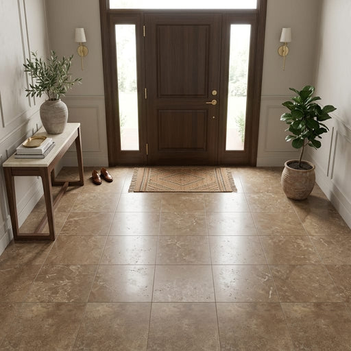 English Walnut Travertine Tile in Honed Finish, 18x18 Size — Foyer floor