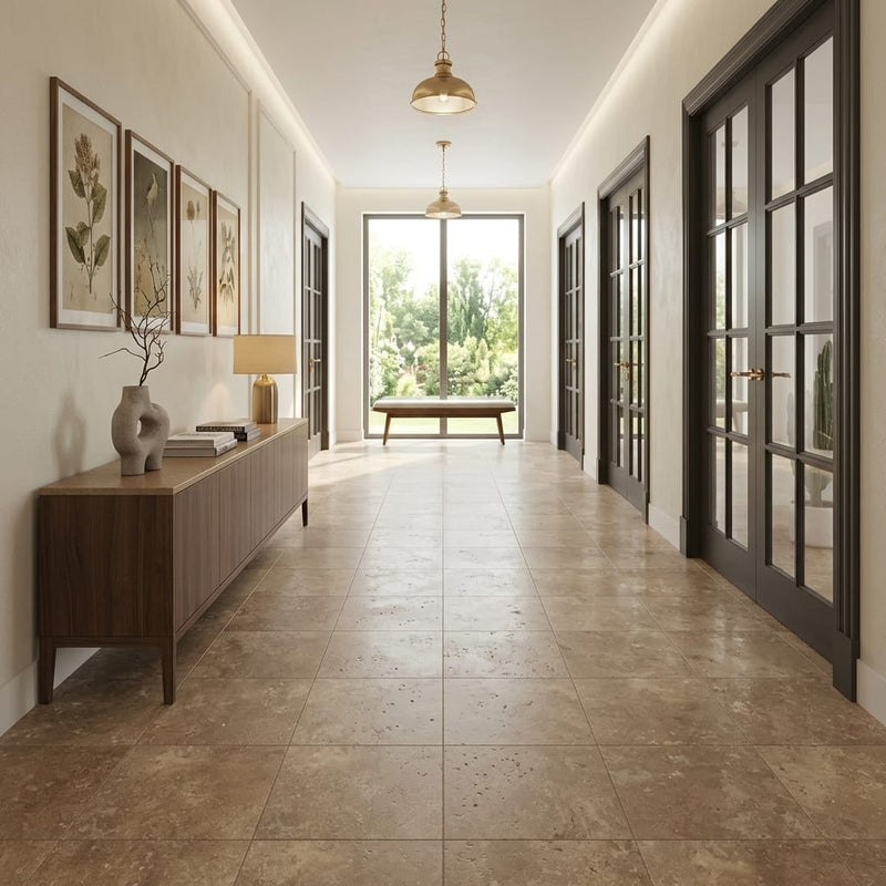English Walnut Travertine Tile in Honed Finish, 18x18 Size — Hallway floor