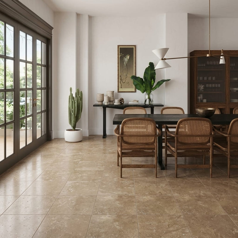 English Walnut Travertine Tile in Honed Finish, 18x18 Size — Living Room floor