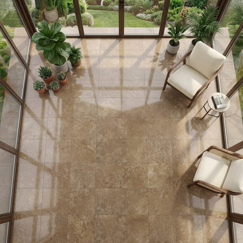 English Walnut Travertine Tile in Honed Finish, 18x18 Size — Sunroom floor