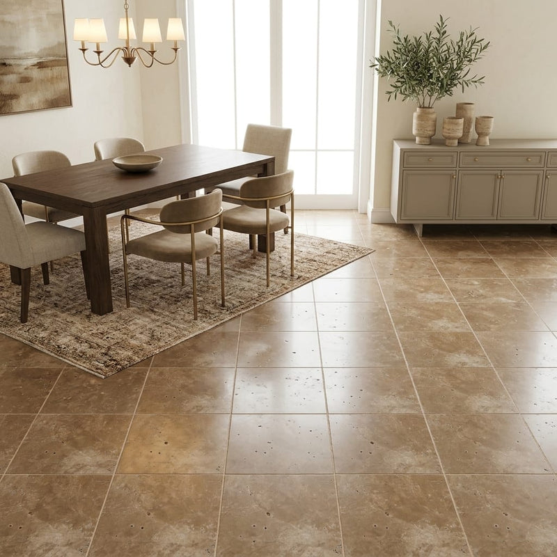 English Walnut Travertine Tile 18x18 Unfilled, Honed — Dining Room floor