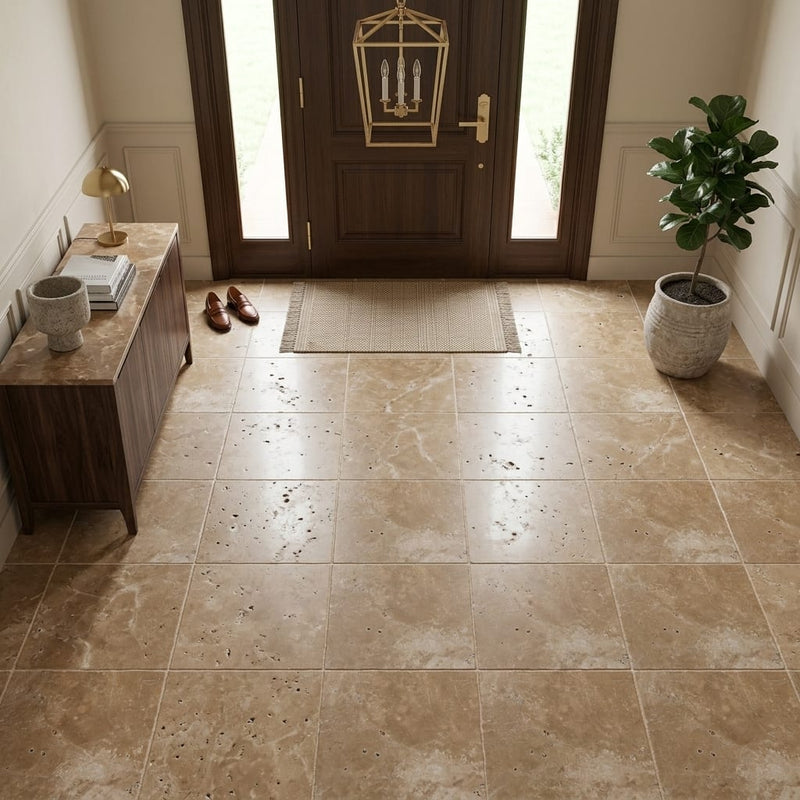 English Walnut Travertine Tile 18x18 Unfilled, Honed — Foyer floor