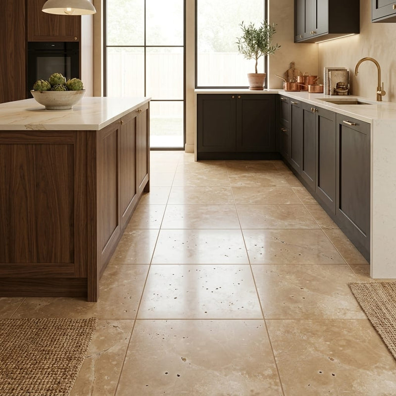 English Walnut Travertine Tile 18x18 Unfilled, Honed — Kitchen floor