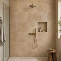 English Walnut Travertine Tile 24x24 Unfilled, Honed — Bathroom shower wall