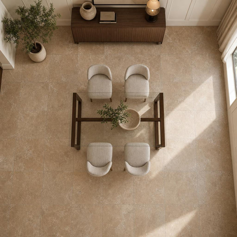 English Walnut Travertine Tile 24x24 Unfilled, Honed — Dining Room floor