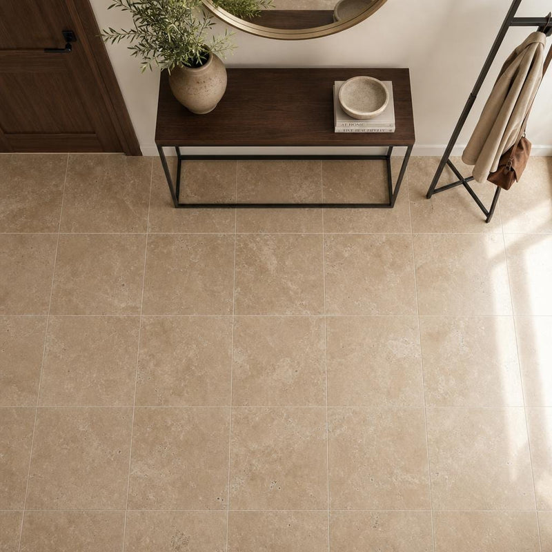 English Walnut Travertine Tile 24x24 Unfilled, Honed — Foyer floor