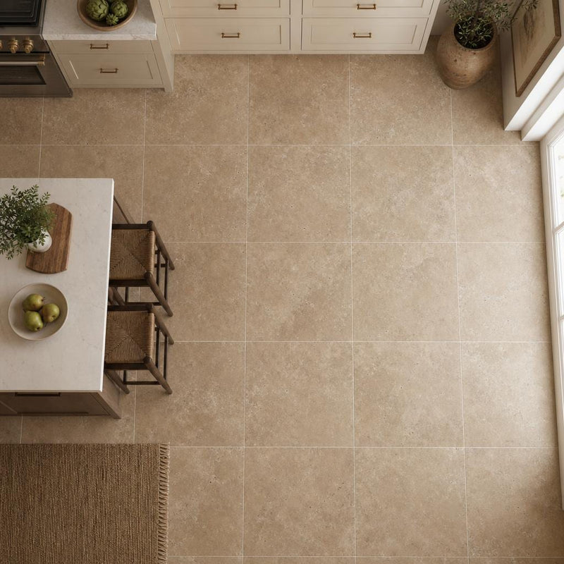 English Walnut Travertine Tile 24x24 Unfilled, Honed — Kitchen floor