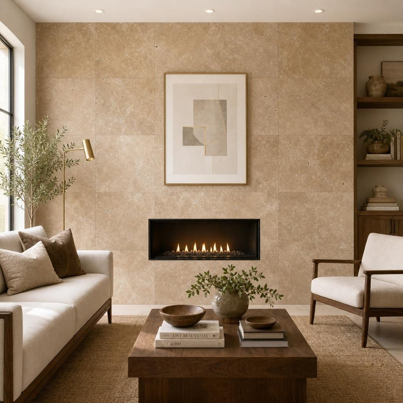 English Walnut Travertine Tile 24x24 Unfilled, Honed — Living Room feature wall