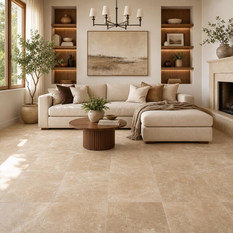 English Walnut Travertine Tile 24x24 Unfilled, Honed — Living Room floor